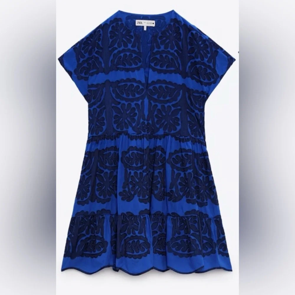 ZARA Blue Embroidered Boho Mini Dress - Size Large‎